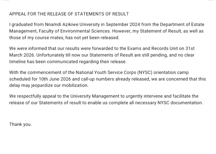 Urgent appeal for the release of outstanding statements of result ahead of NYSC mobilization